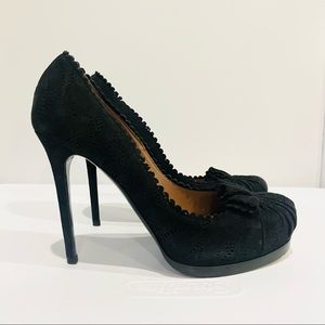 Tabitha Simmons Black Suede Round Toe Platform Pumps Laser Cut Heels 38.5 8.5